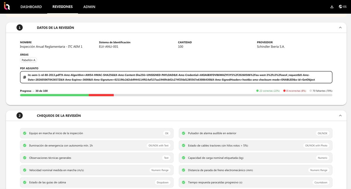 Detalle de configuración de una revisión INSQUA
